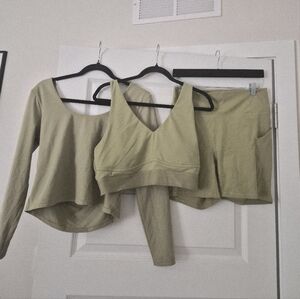 Fabletics Olive Green Long Sleeve Tee, V-Neck Crop Top & Biker Shorts Set